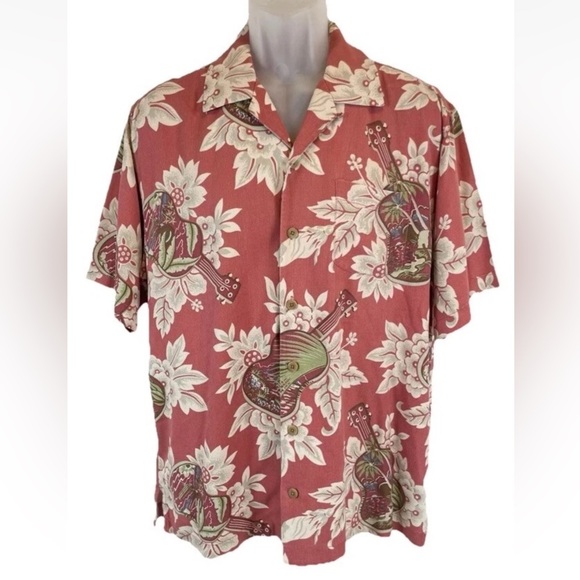 Tommy Bahama Silk Shirt Men SIZE MEDIUM Red/Green/white Guitar Floral Hawaiian M - Picture 1 of 16